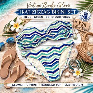 Vintage Body Glove Ikat Zigzag Bikini Set Blue Green Boho Y2K Surf Swim M